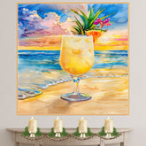 Pina Colada Tropical Drink Watercolor Painting with Pineapple Slice and Flower on Beach at Sunset on Ready to Hang 1.5" Thick Canvas Wrap, Floating Framed Canvas, Flat Rolled Canvas